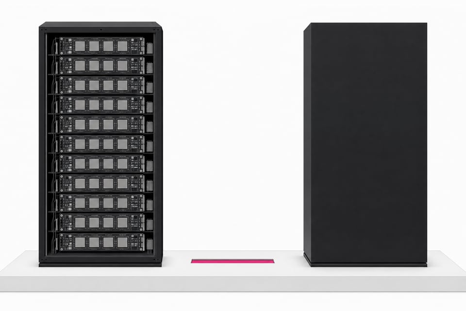 Illustration contrasting an open server rack showing rows of visible GPU boards against a sealed, featureless monolith of the same size, representing locally run open-weight AI hardware versus opaque cloud infrastructure.