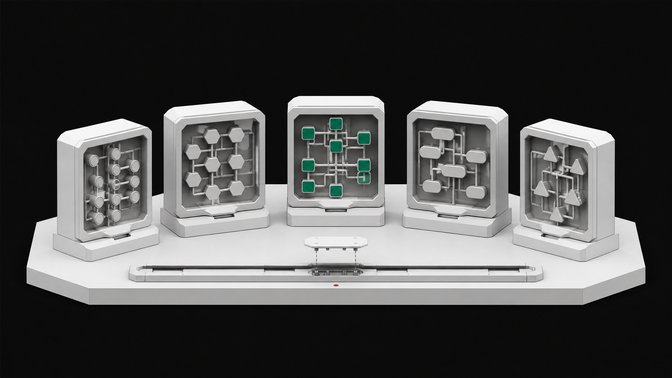 Five distinct modular automation-builder units, each with a transparent cutaway showing internal flowchart-like node networks, arranged in an arc above a shared connector rail.