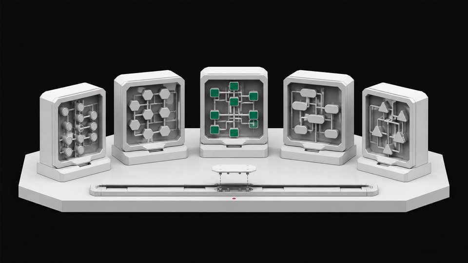 Five distinct modular automation-builder units, each with a transparent cutaway showing internal flowchart-like node networks, arranged in an arc above a shared connector rail.