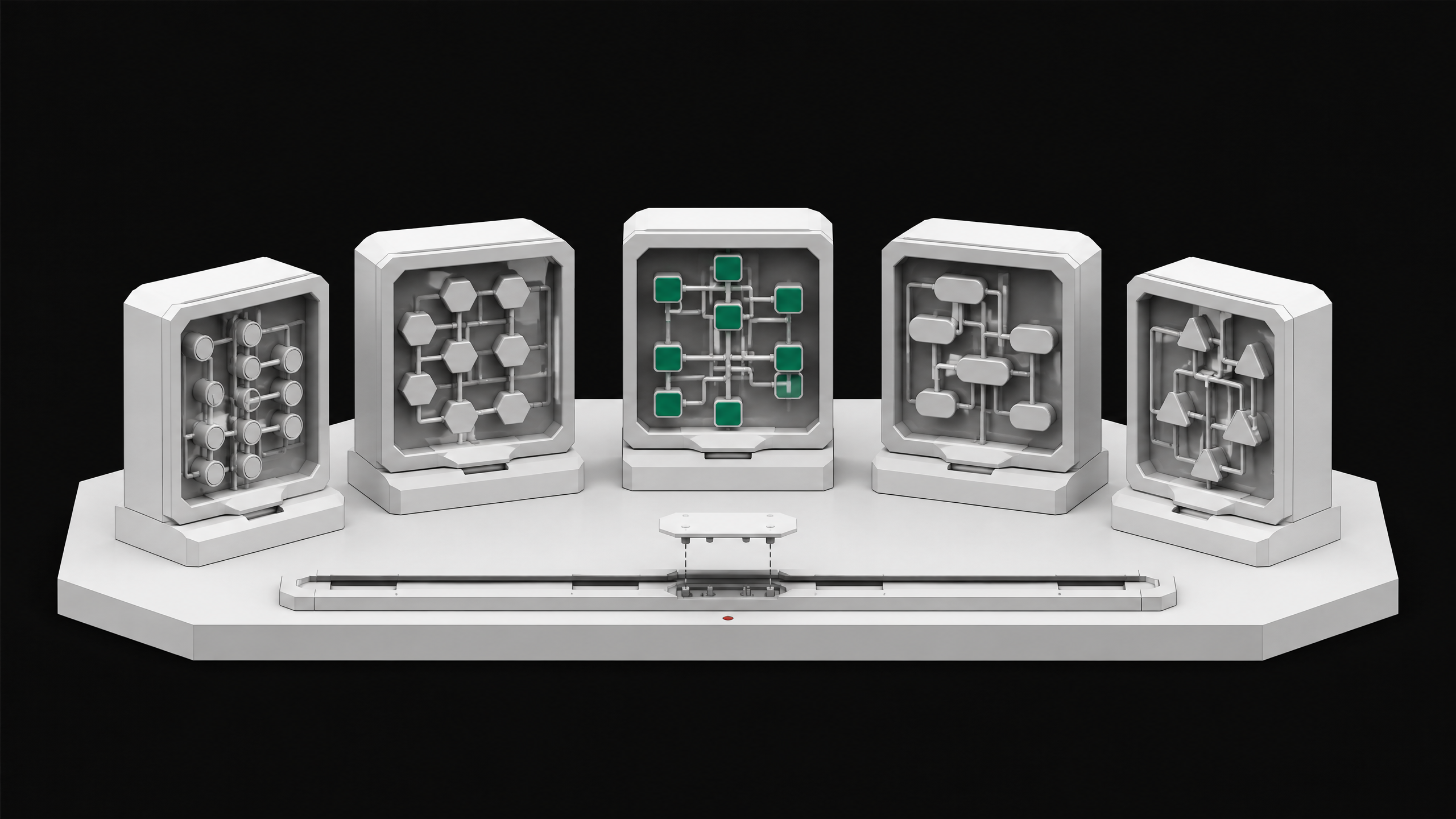 Five distinct modular automation-builder units, each with a transparent cutaway showing internal flowchart-like node networks, arranged in an arc above a shared connector rail.