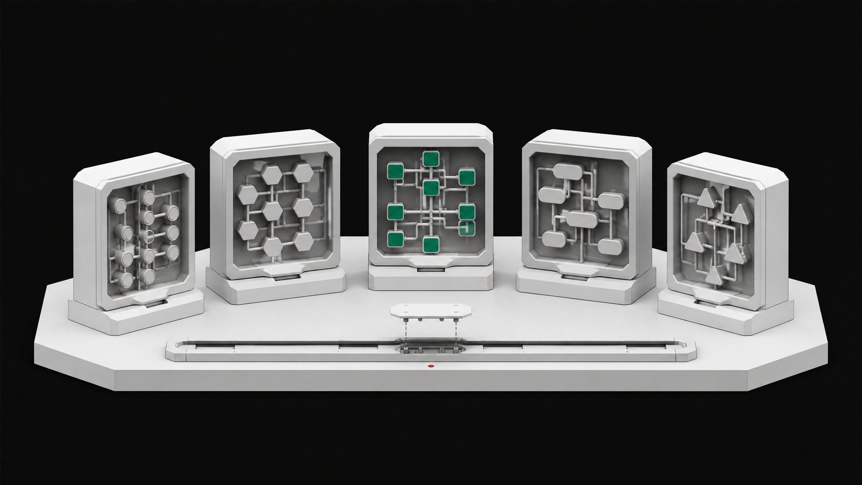 Five distinct modular automation-builder units, each with a transparent cutaway showing internal flowchart-like node networks, arranged in an arc above a shared connector rail.
