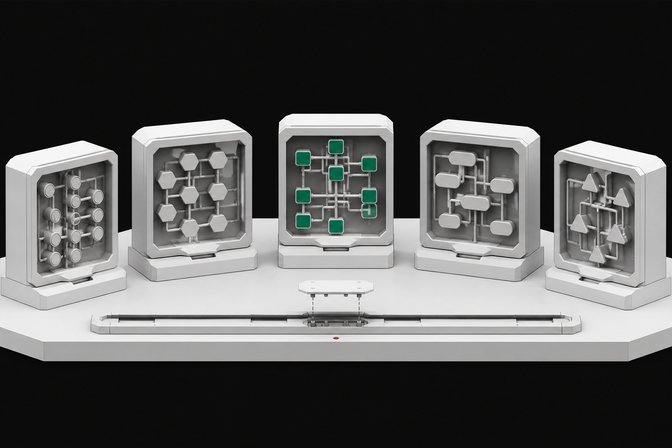 Five distinct modular automation-builder units, each with a transparent cutaway showing internal flowchart-like node networks, arranged in an arc above a shared connector rail.