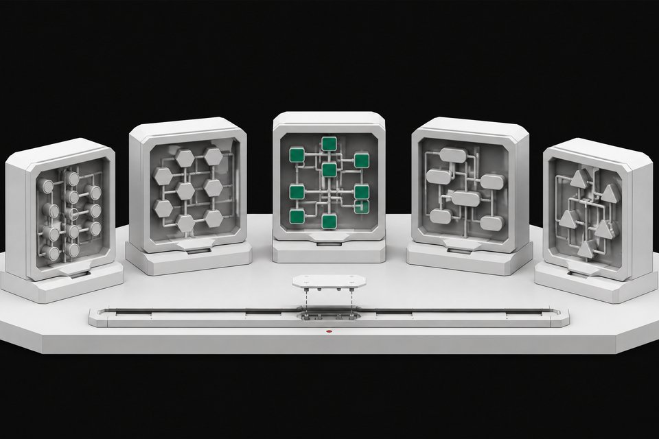 Five distinct modular automation-builder units, each with a transparent cutaway showing internal flowchart-like node networks, arranged in an arc above a shared connector rail.