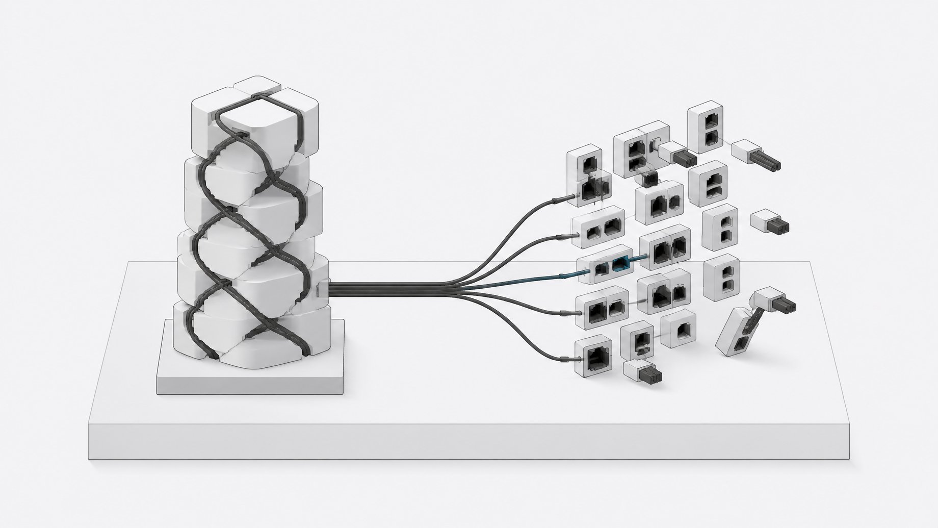 Illustration contrasting a smoothly interlocking helical structure with a misaligned grid of sockets and connectors, linked by a single successful conduit, representing AI systems handling clean discovery tasks versus messy internal API integration.