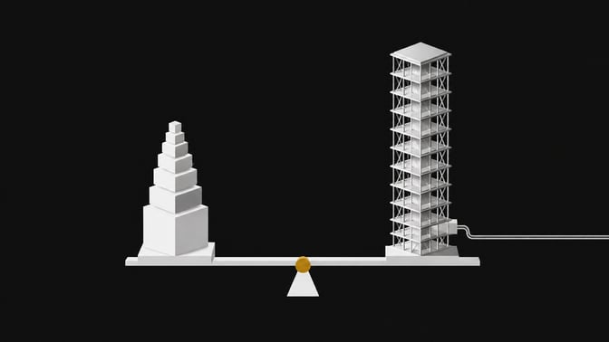 A balanced-scale composition comparing a compact local LLM inference stack against a taller networked API server rack, joined by a level beam with a central pivot point.