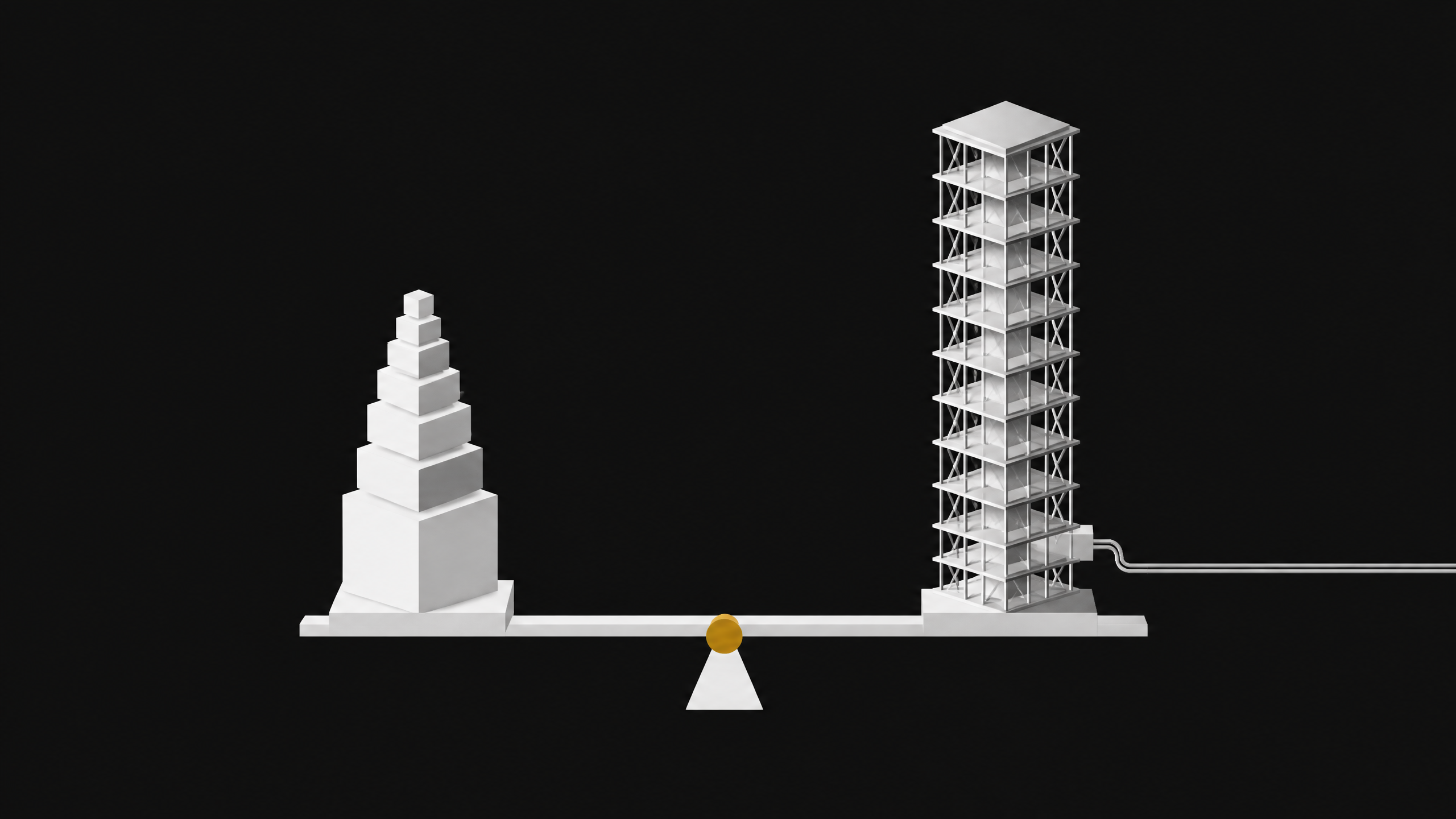 A balanced-scale composition comparing a compact local LLM inference stack against a taller networked API server rack, joined by a level beam with a central pivot point.