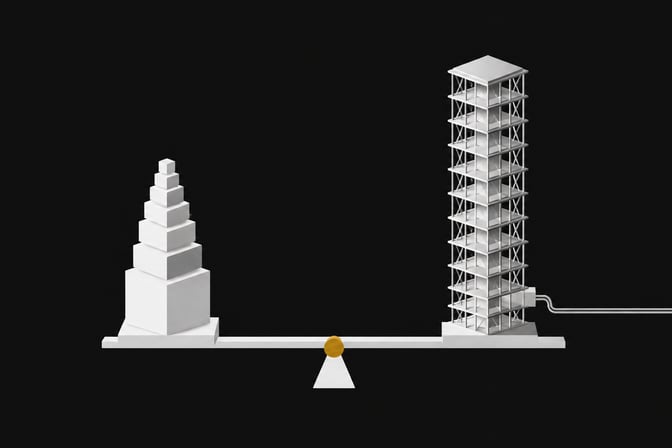 A balanced-scale composition comparing a compact local LLM inference stack against a taller networked API server rack, joined by a level beam with a central pivot point.