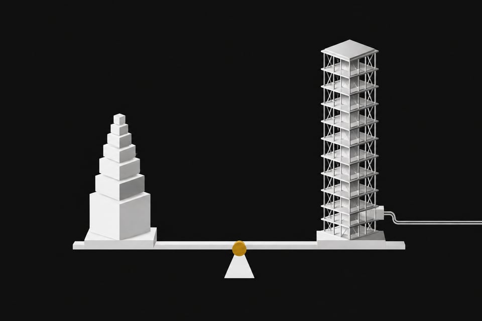 A balanced-scale composition comparing a compact local LLM inference stack against a taller networked API server rack, joined by a level beam with a central pivot point.