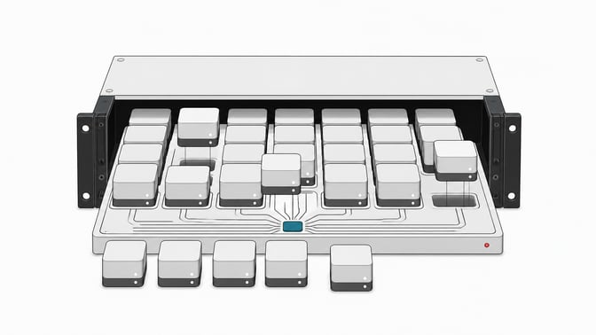 Cutaway of a server rack module showing many identical autonomous agent blocks being seated into a connected management tray with a central coordinating hub.