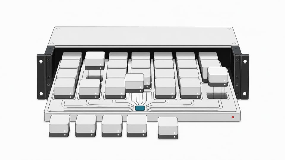 Cutaway of a server rack module showing many identical autonomous agent blocks being seated into a connected management tray with a central coordinating hub.