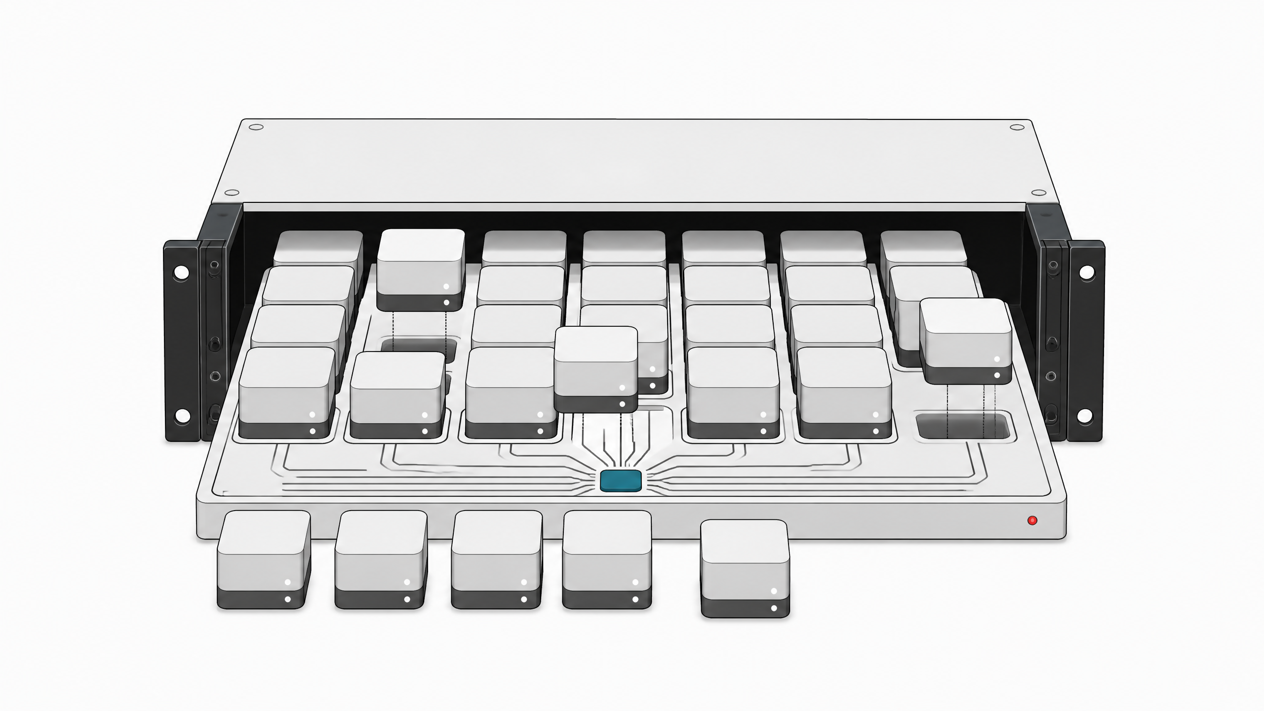 Cutaway of a server rack module showing many identical autonomous agent blocks being seated into a connected management tray with a central coordinating hub.