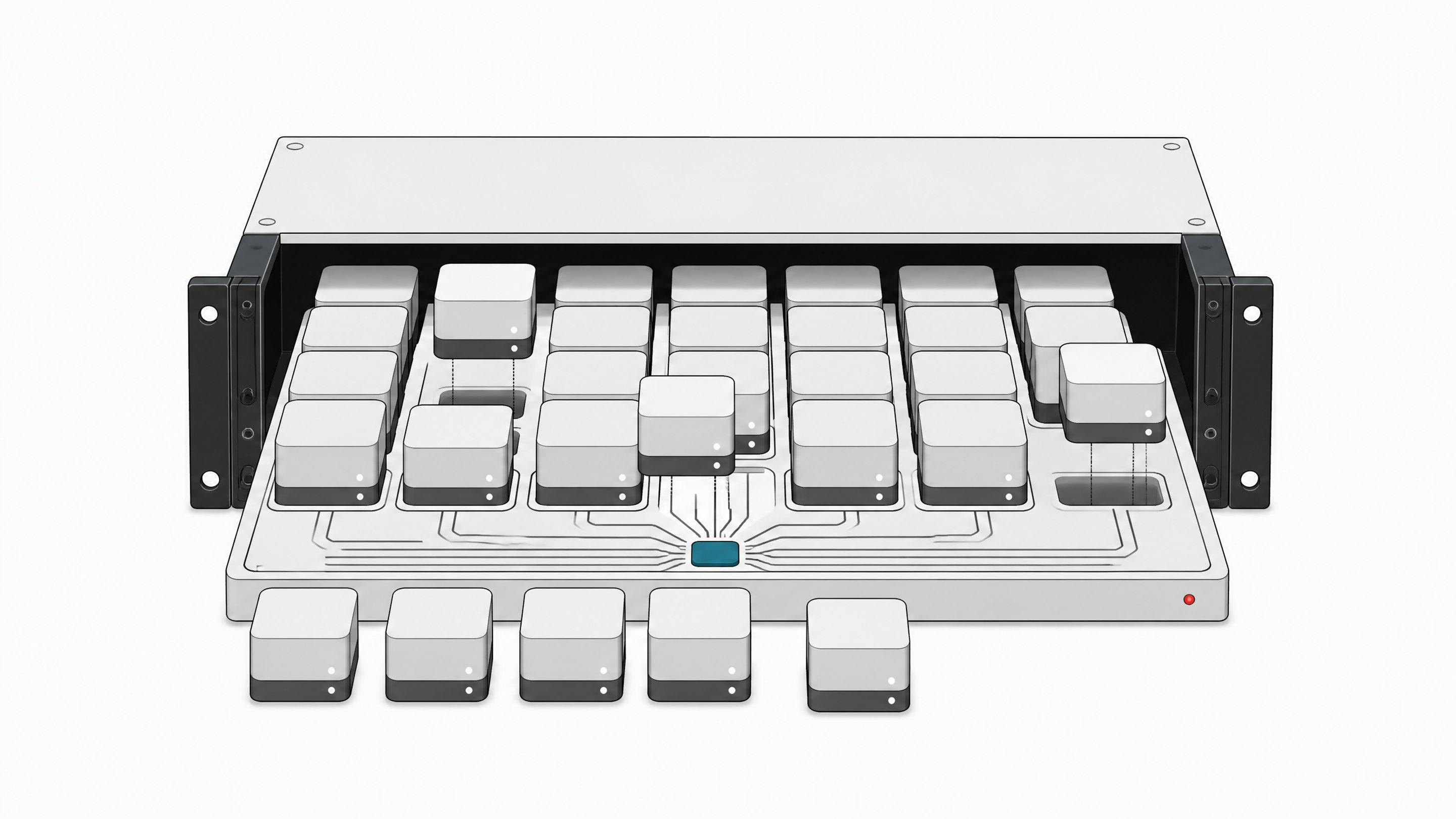 Cutaway of a server rack module showing many identical autonomous agent blocks being seated into a connected management tray with a central coordinating hub.