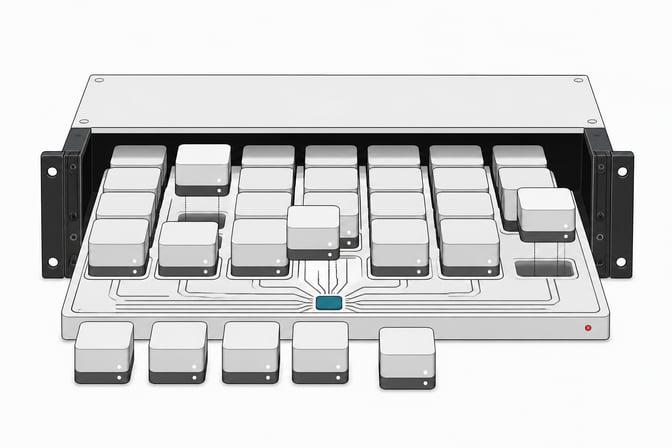 Cutaway of a server rack module showing many identical autonomous agent blocks being seated into a connected management tray with a central coordinating hub.