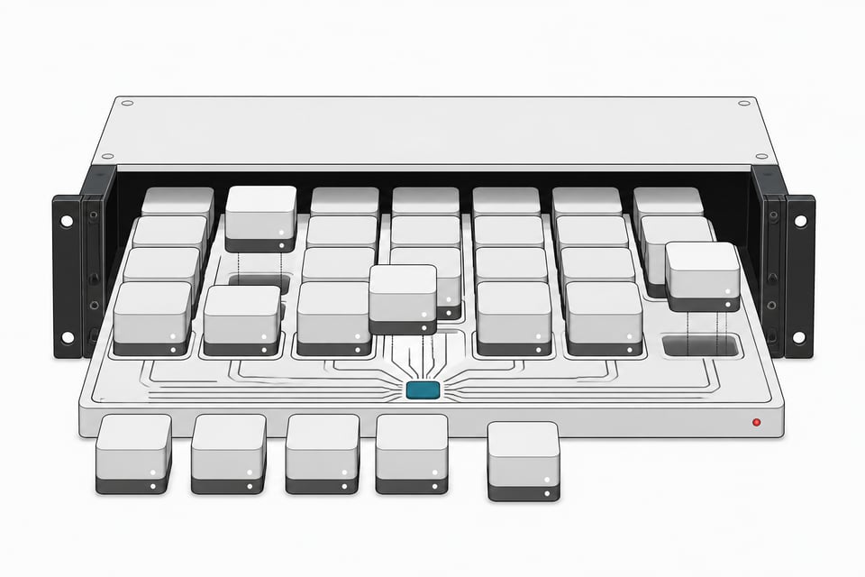 Cutaway of a server rack module showing many identical autonomous agent blocks being seated into a connected management tray with a central coordinating hub.