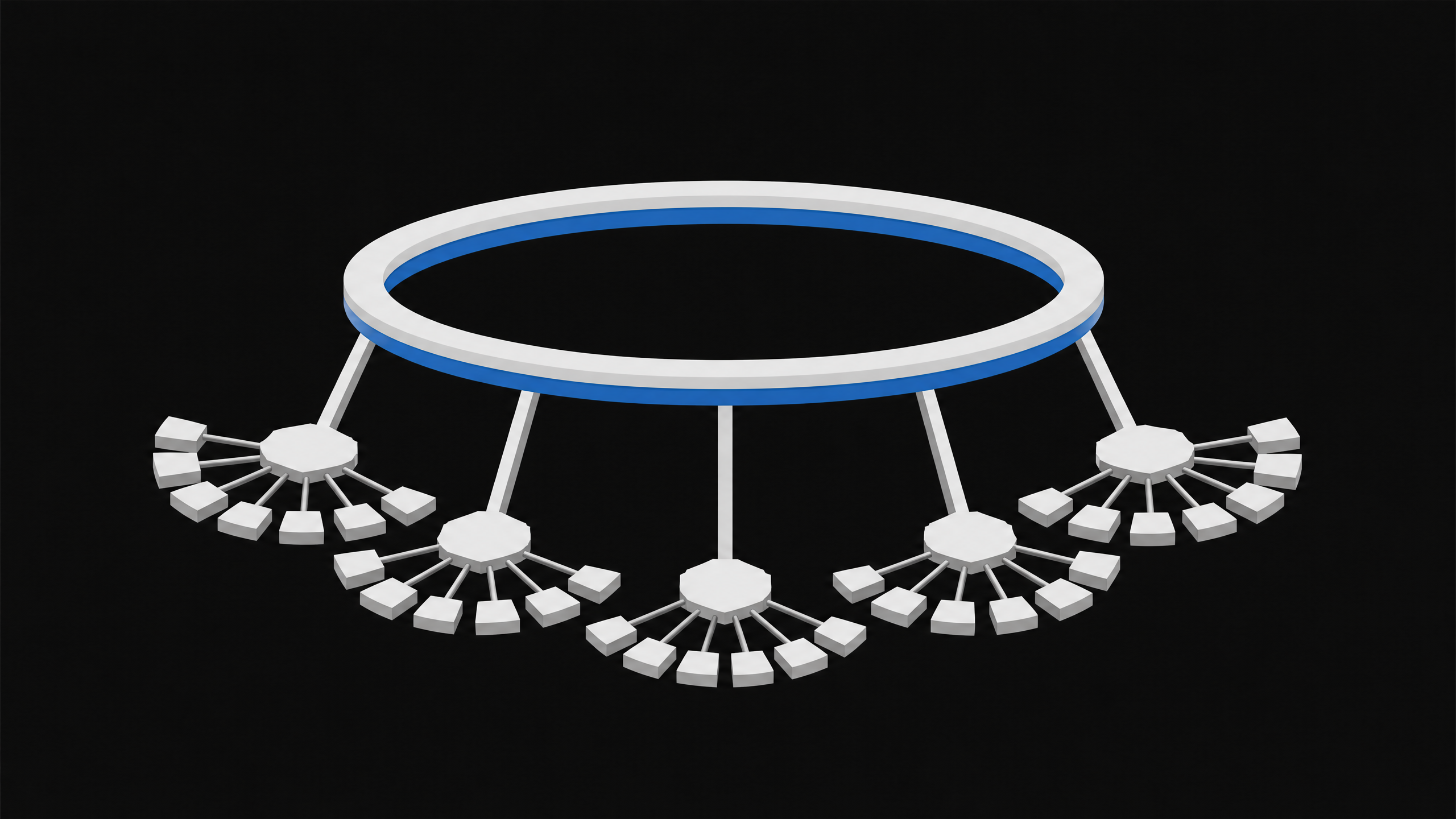 A diagram-like structure showing one coordinating ring layer positioned above several identical hub-and-tool connector clusters, illustrating an orchestration layer sitting over multiple standardized tool-connection layers.