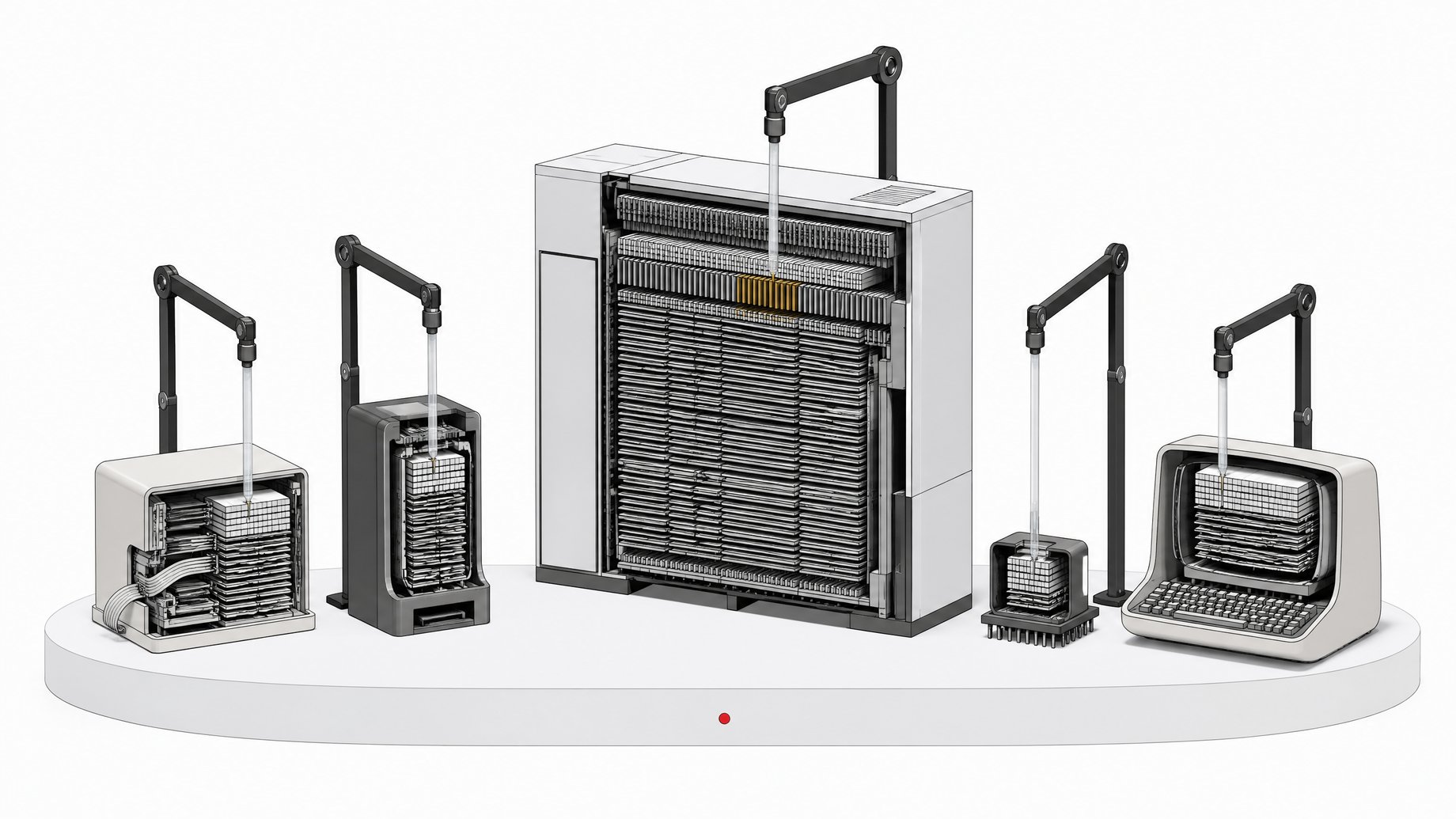 Five cutaway legacy computer systems, from a punch-card-era terminal to a large mainframe with rows of card slats, each being probed and reorganized into cleaner internal structure.