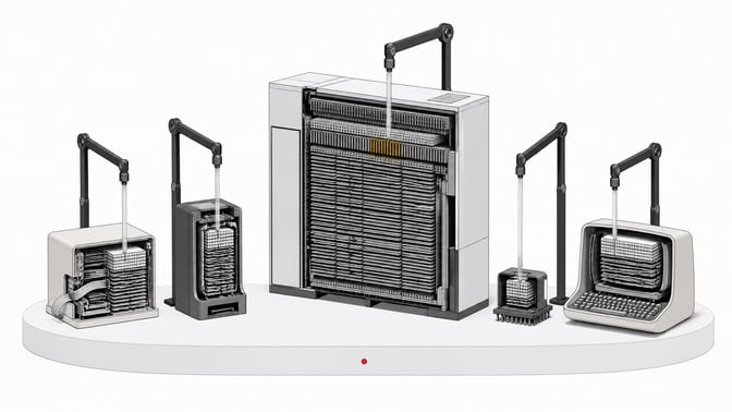 Five cutaway legacy computer systems, from a punch-card-era terminal to a large mainframe with rows of card slats, each being probed and reorganized into cleaner internal structure.