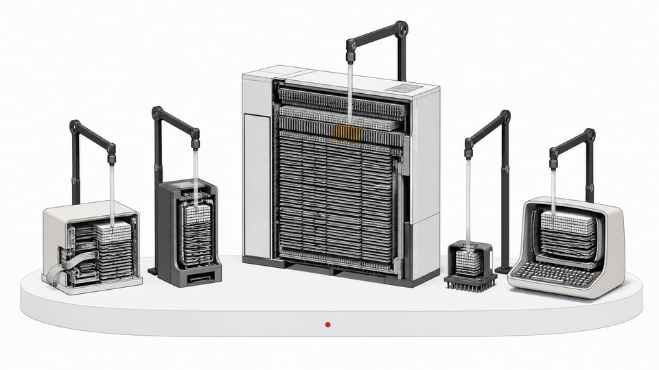 Five cutaway legacy computer systems, from a punch-card-era terminal to a large mainframe with rows of card slats, each being probed and reorganized into cleaner internal structure.