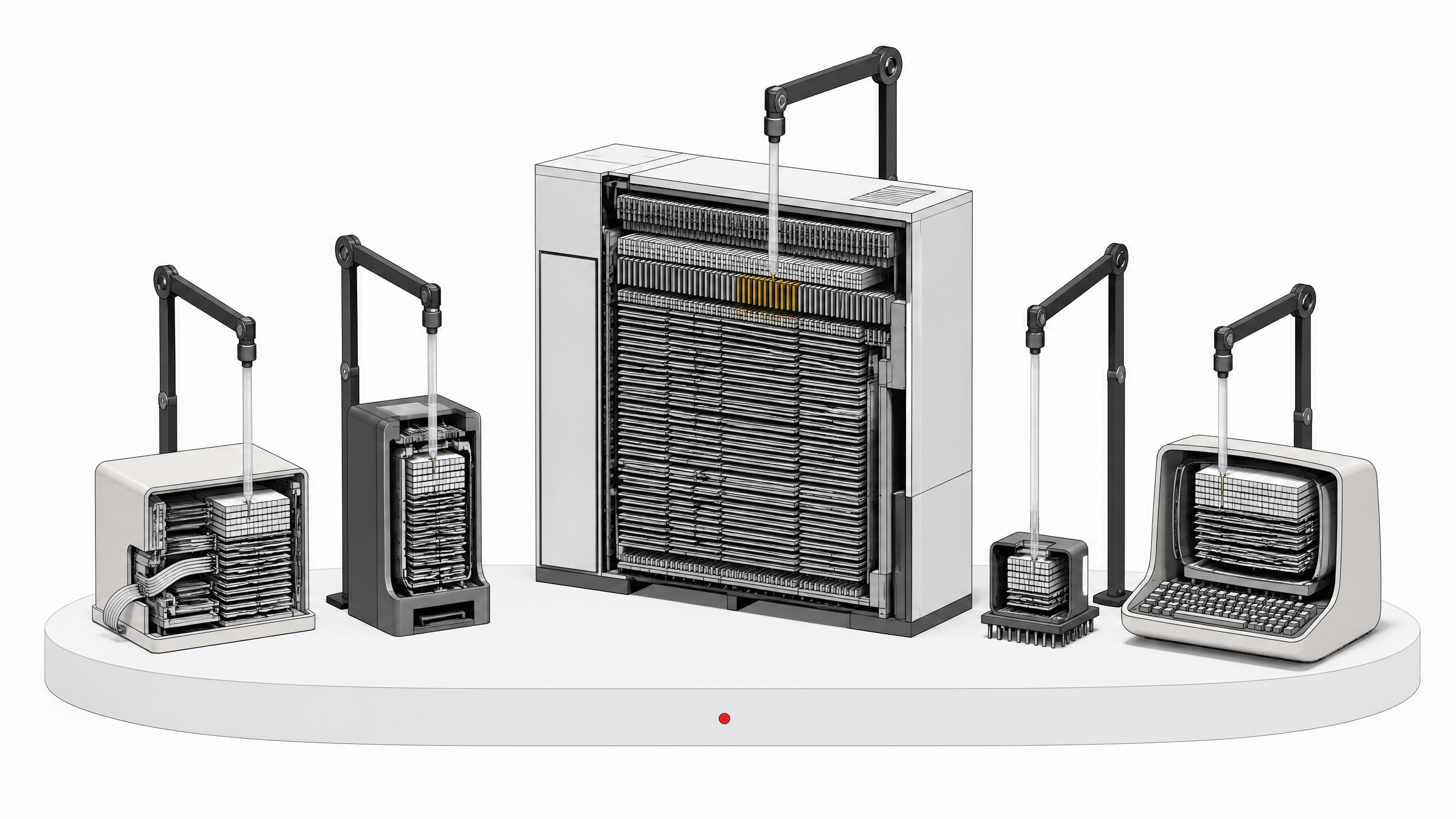 Five cutaway legacy computer systems, from a punch-card-era terminal to a large mainframe with rows of card slats, each being probed and reorganized into cleaner internal structure.