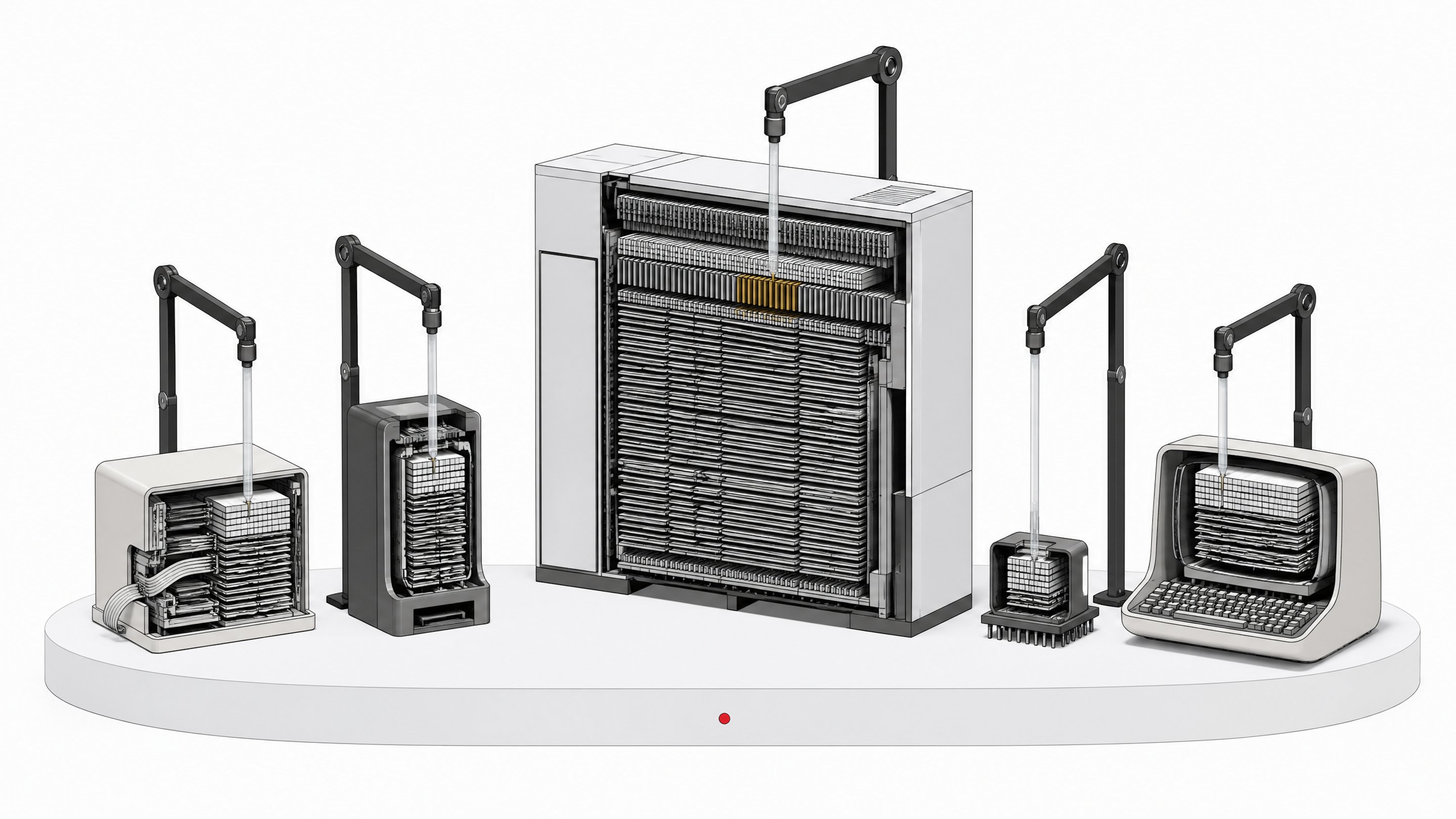 Five cutaway legacy computer systems, from a punch-card-era terminal to a large mainframe with rows of card slats, each being probed and reorganized into cleaner internal structure.