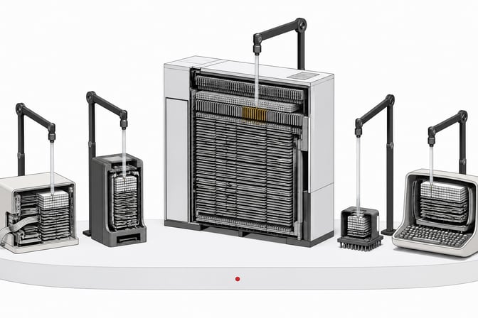 Five cutaway legacy computer systems, from a punch-card-era terminal to a large mainframe with rows of card slats, each being probed and reorganized into cleaner internal structure.
