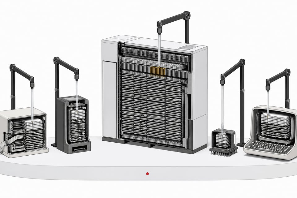 Five cutaway legacy computer systems, from a punch-card-era terminal to a large mainframe with rows of card slats, each being probed and reorganized into cleaner internal structure.