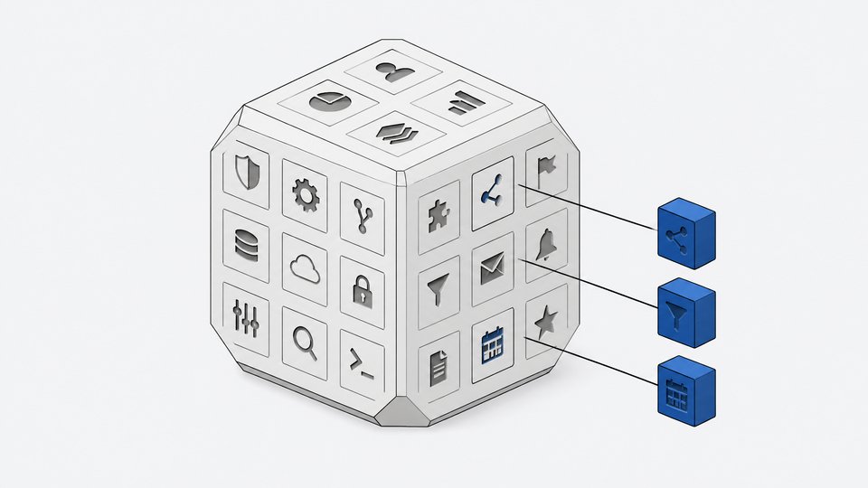 A large multi-faceted block representing a full software product, with a few small blocks beside it each duplicating only one isolated facet from the whole.