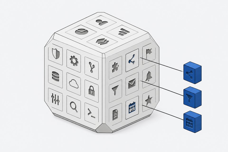A large multi-faceted block representing a full software product, with a few small blocks beside it each duplicating only one isolated facet from the whole.