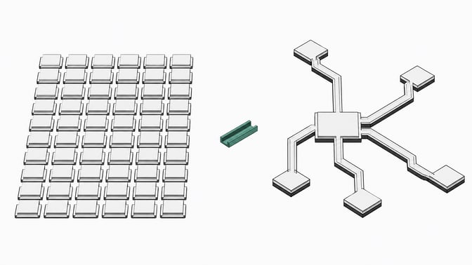 Illustration contrasting a dense grid of identical per-seat subscription tiles with a single open branching workflow structure, linked by one central connector.