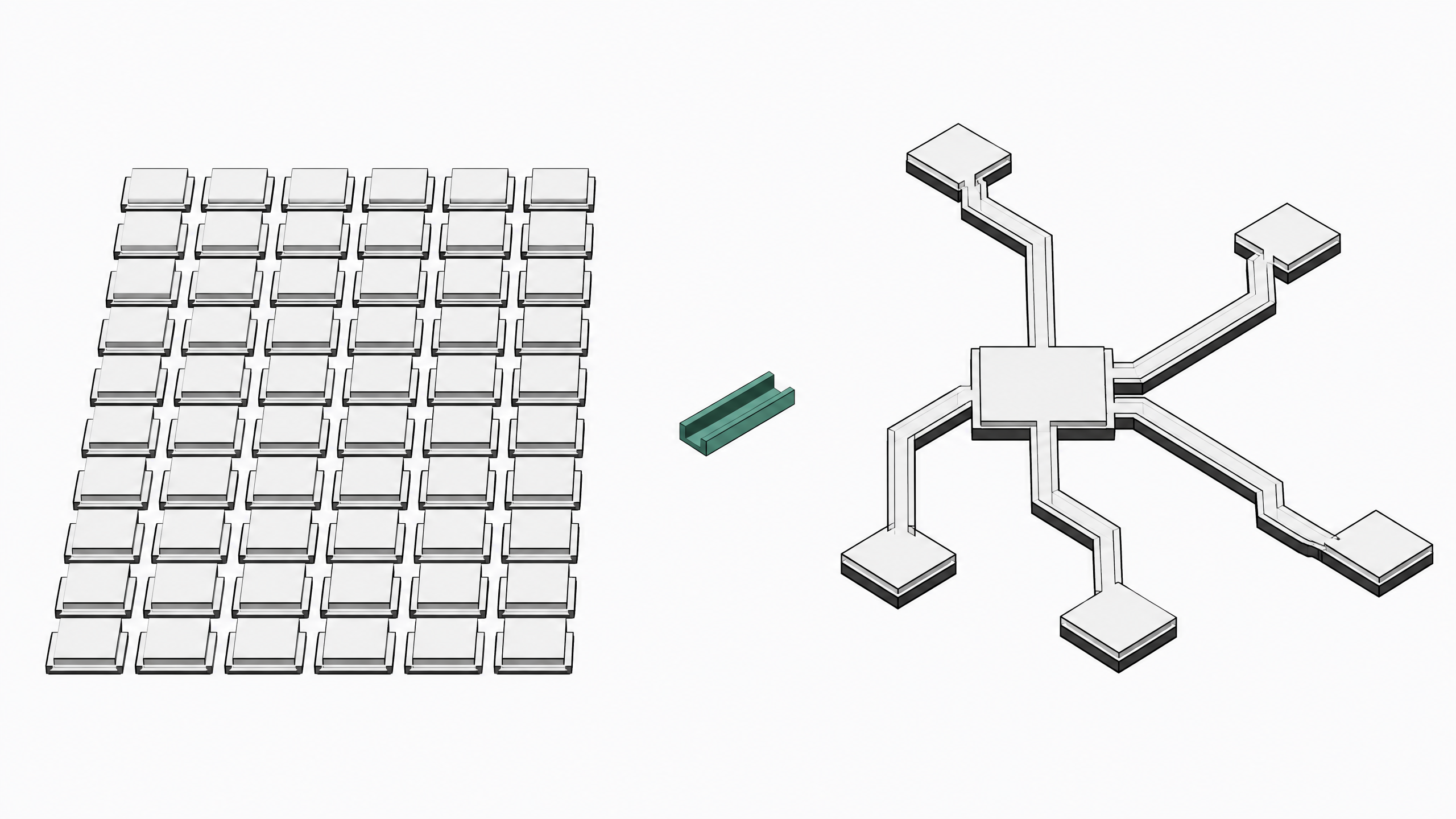 Illustration contrasting a dense grid of identical per-seat subscription tiles with a single open branching workflow structure, linked by one central connector.