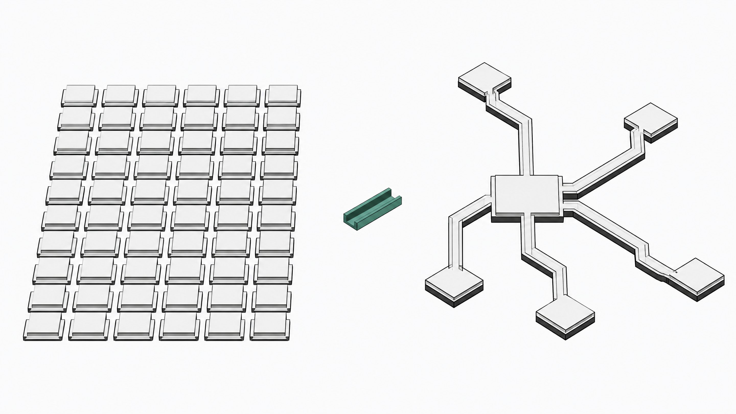 Illustration contrasting a dense grid of identical per-seat subscription tiles with a single open branching workflow structure, linked by one central connector.