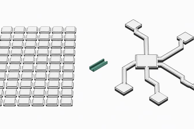 Illustration contrasting a dense grid of identical per-seat subscription tiles with a single open branching workflow structure, linked by one central connector.