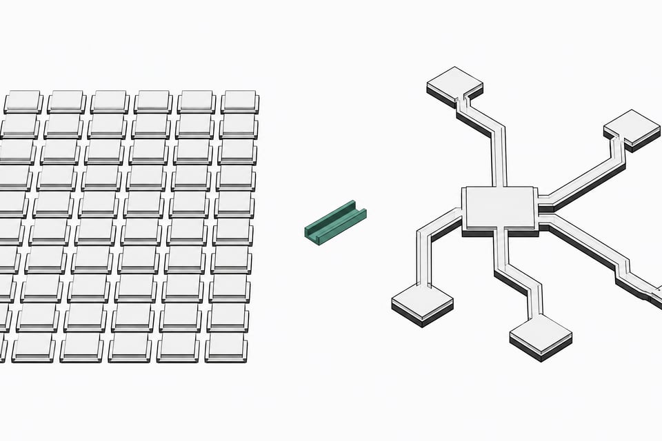 Illustration contrasting a dense grid of identical per-seat subscription tiles with a single open branching workflow structure, linked by one central connector.