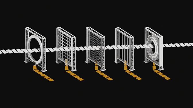 A row of five distinct filter gates sorts a flowing stream of blank text cards, diverting a highlighted subset onto a separate tier to represent an AI-text detection pipeline.