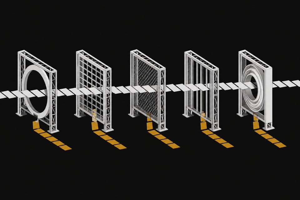 A row of five distinct filter gates sorts a flowing stream of blank text cards, diverting a highlighted subset onto a separate tier to represent an AI-text detection pipeline.
