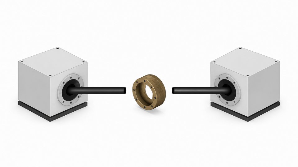 A detached coupler sitting mid-span in a conduit connecting two separate equipment modules, representing a single point of dependency between two systems.