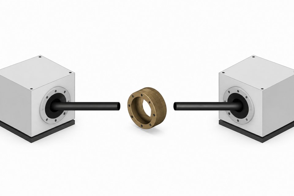 A detached coupler sitting mid-span in a conduit connecting two separate equipment modules, representing a single point of dependency between two systems.