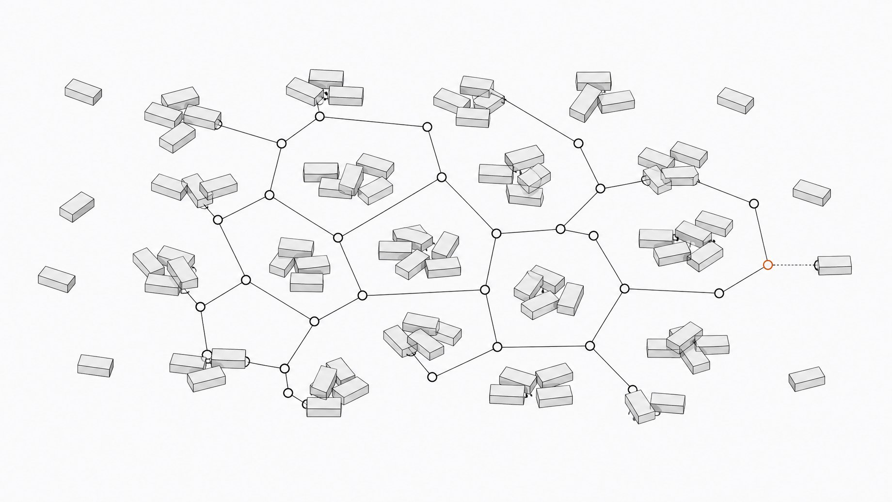 An illustration of scattered identical unlabeled software-tool blocks loosely connected by a thin open framework, with one block left outside the network highlighted in accent color, representing ungoverned internal tools versus a lightweight oversight structure.