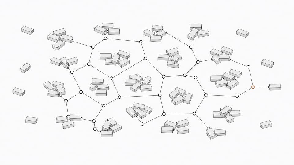 An illustration of scattered identical unlabeled software-tool blocks loosely connected by a thin open framework, with one block left outside the network highlighted in accent color, representing ungoverned internal tools versus a lightweight oversight structure.