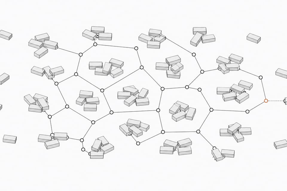 An illustration of scattered identical unlabeled software-tool blocks loosely connected by a thin open framework, with one block left outside the network highlighted in accent color, representing ungoverned internal tools versus a lightweight oversight structure.
