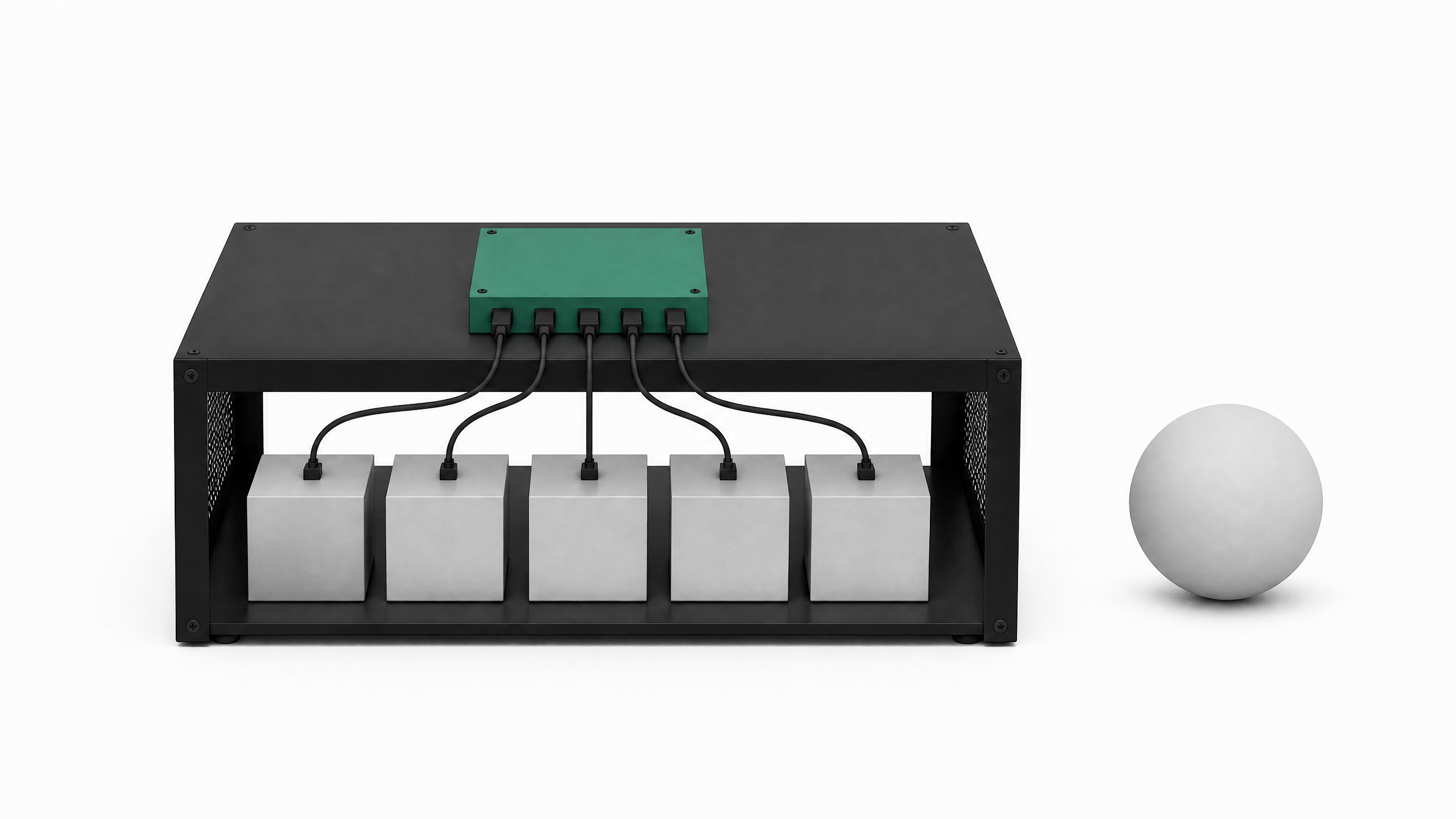 A local hardware rack with a router node distributing connections to several identical small compute modules, set beside a separate sealed, portless sphere representing a closed cloud system.