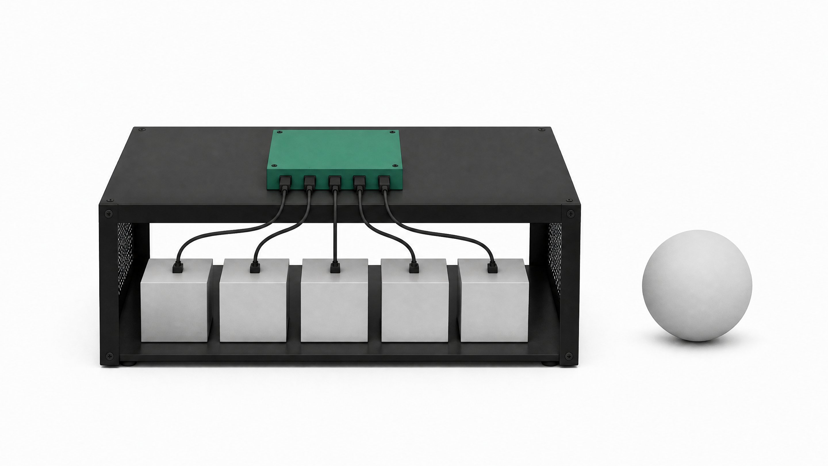 A local hardware rack with a router node distributing connections to several identical small compute modules, set beside a separate sealed, portless sphere representing a closed cloud system.