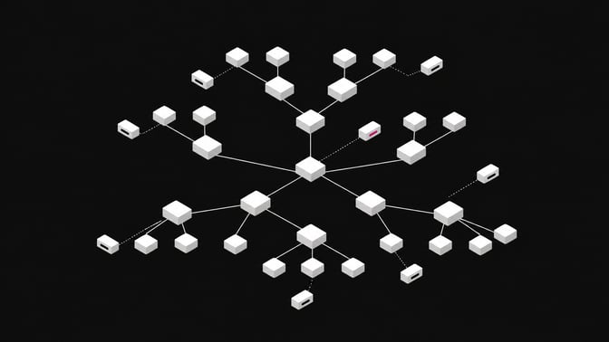 A branching software dependency tree in which a few nodes are subtly detached sealed capsules, one marked in accent color, representing fake AI-hallucinated packages hidden among legitimate ones.