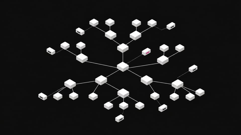 A branching software dependency tree in which a few nodes are subtly detached sealed capsules, one marked in accent color, representing fake AI-hallucinated packages hidden among legitimate ones.