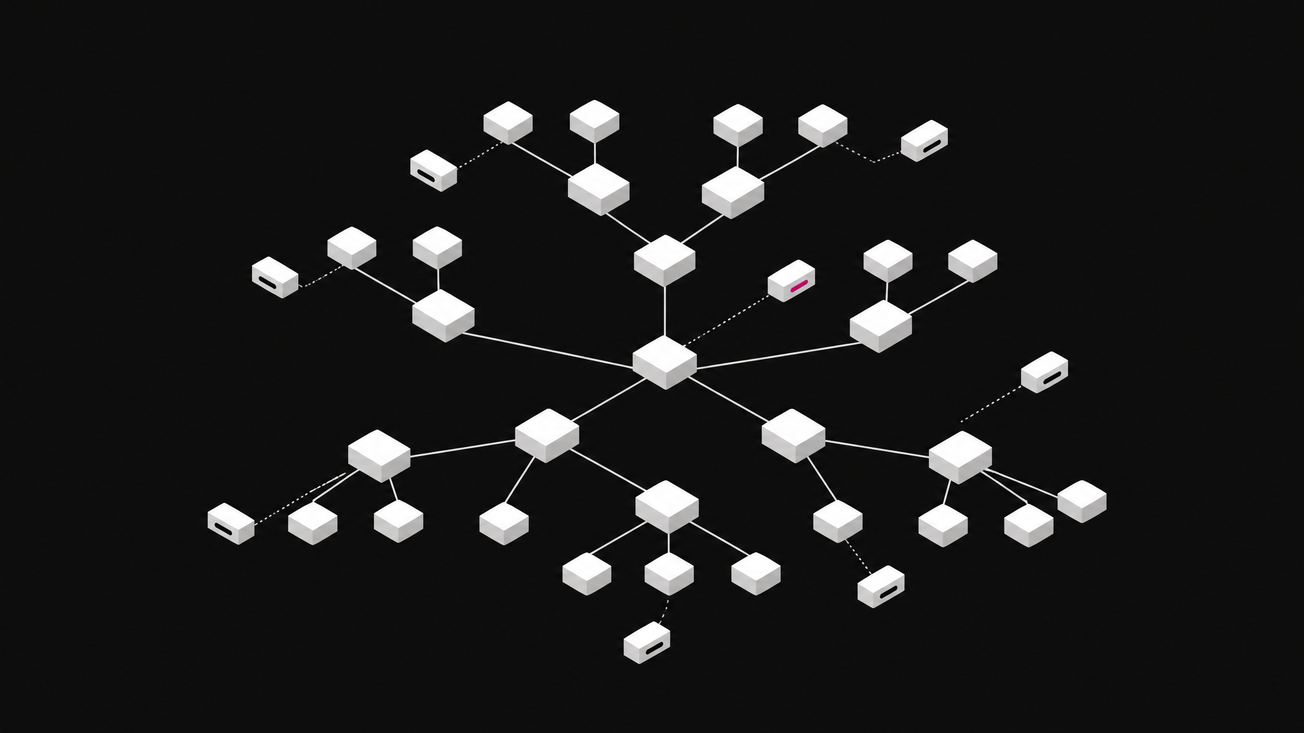 A branching software dependency tree in which a few nodes are subtly detached sealed capsules, one marked in accent color, representing fake AI-hallucinated packages hidden among legitimate ones.