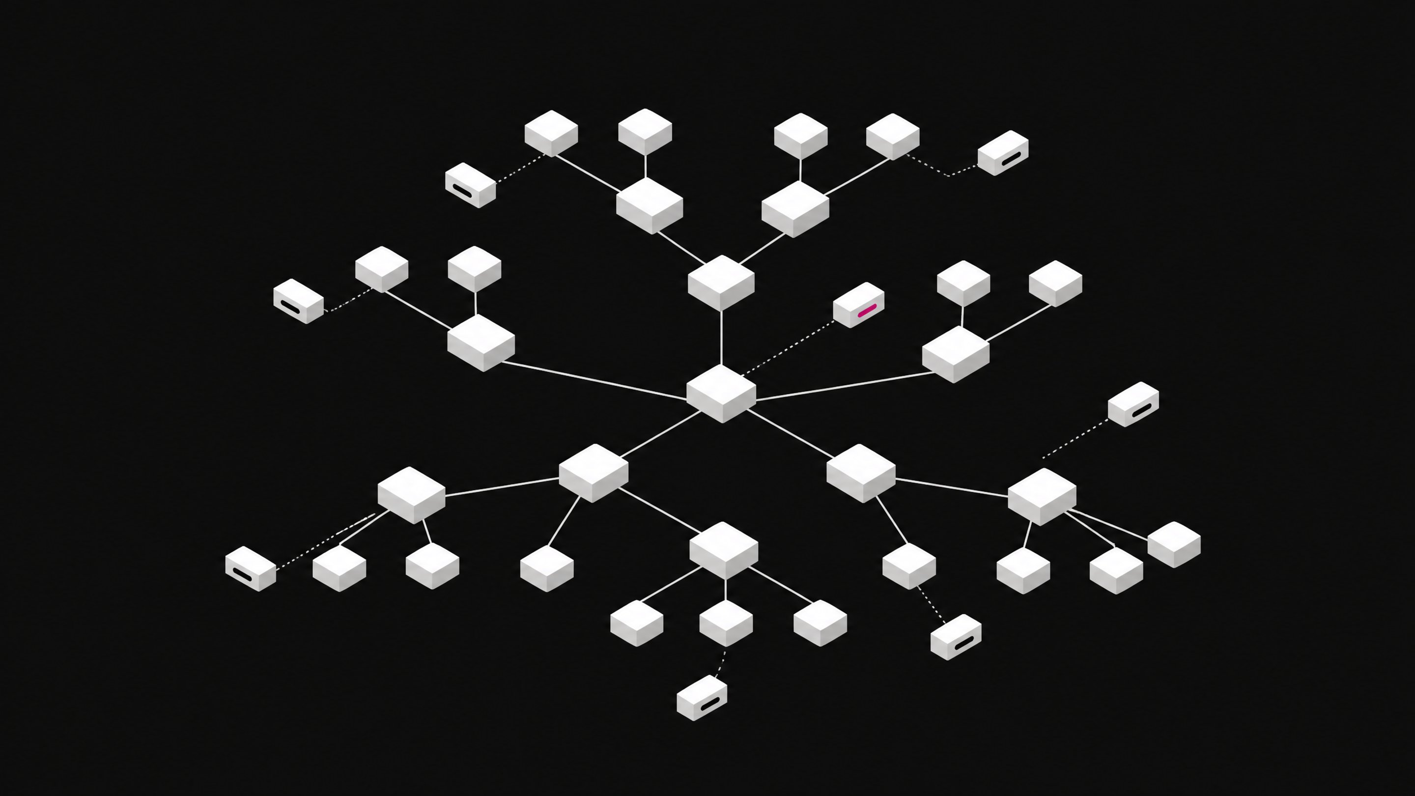 A branching software dependency tree in which a few nodes are subtly detached sealed capsules, one marked in accent color, representing fake AI-hallucinated packages hidden among legitimate ones.