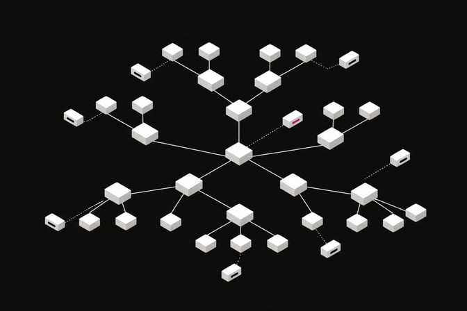 A branching software dependency tree in which a few nodes are subtly detached sealed capsules, one marked in accent color, representing fake AI-hallucinated packages hidden among legitimate ones.