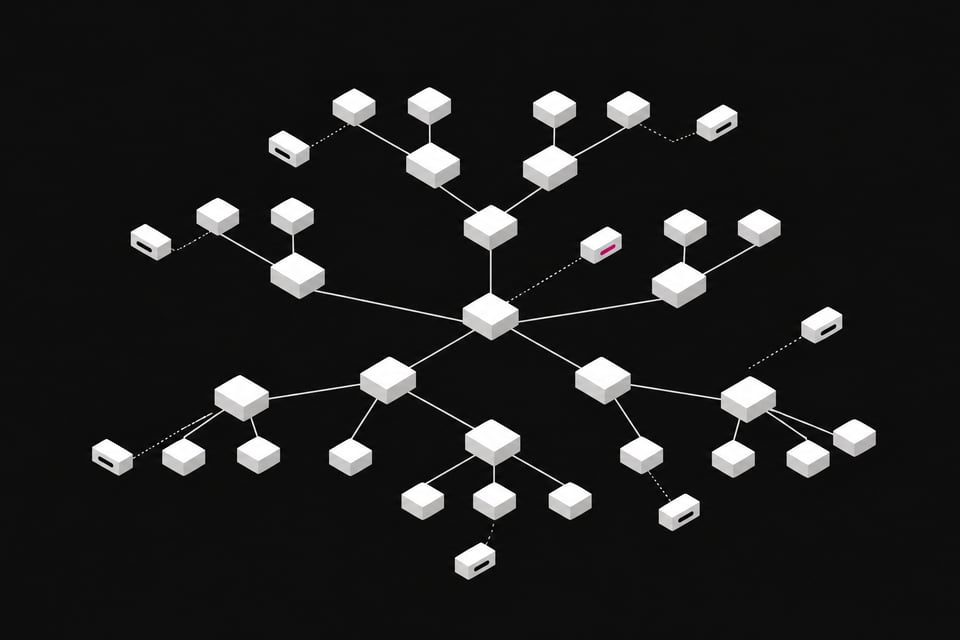 A branching software dependency tree in which a few nodes are subtly detached sealed capsules, one marked in accent color, representing fake AI-hallucinated packages hidden among legitimate ones.