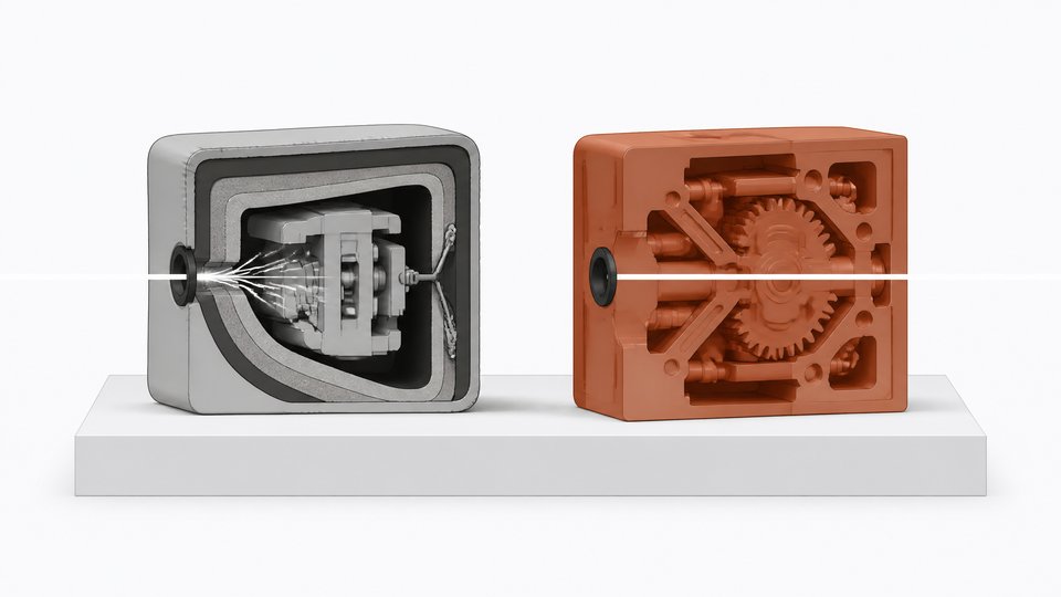 Side-by-side cutaway comparison of a loosely wrapped multi-layer mechanism versus a single dense, precisely machined solid block with light passing cleanly through it.