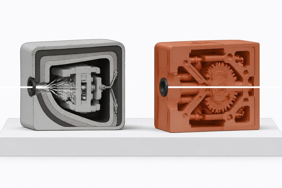 Side-by-side cutaway comparison of a loosely wrapped multi-layer mechanism versus a single dense, precisely machined solid block with light passing cleanly through it.